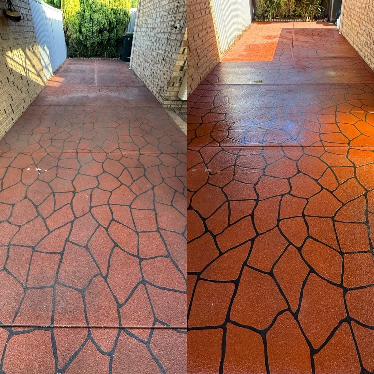 Red stamped concrete path before and after cleaning and resealing
